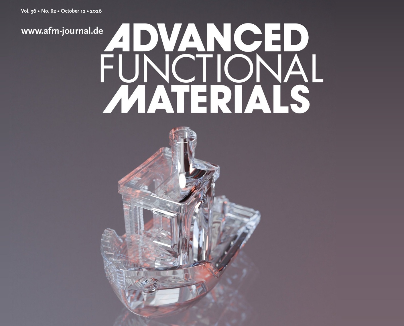 Cover of Advanced Functional Materials showing a transparent, boat-shaped silica glass microstructure on a reflective grey surface
